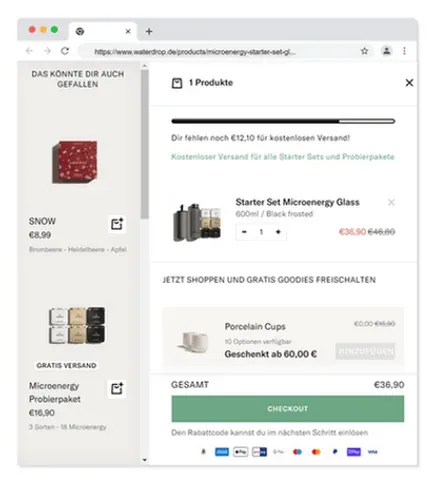 Screenshot des Waterdrop Warenkorbs