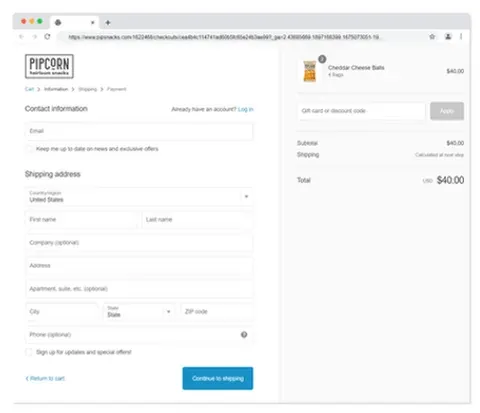 Screenshot vom Pipcorn Checkout