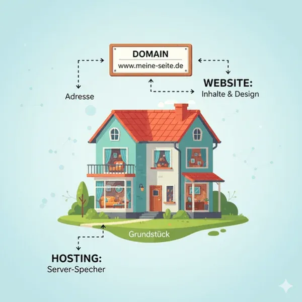 Metapher für eine Website: Die Domain ist die Adresse, das Hosting das Grundstück und die Website das Haus.