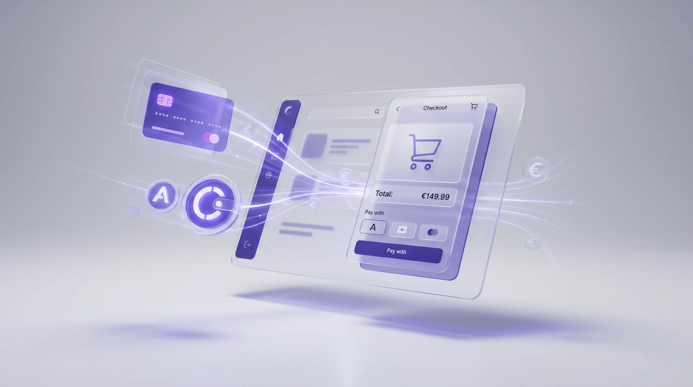Was ist Shopify Payments: Kreditkarten und Zahlungssymbole fließen in ein Shopify-Checkout-Interface