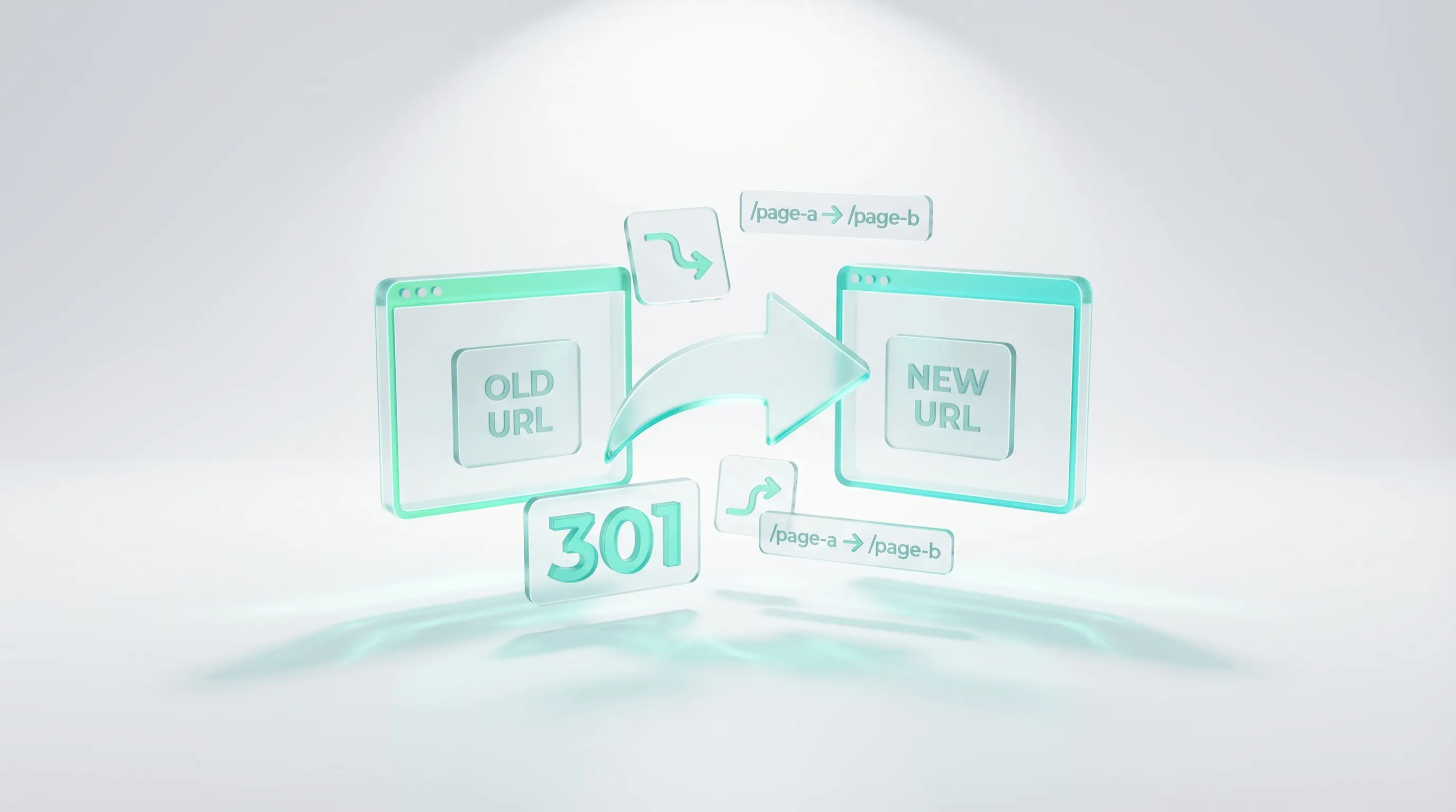 301-Redirects WooCommerce zu Shopify – URL-Mapping mit Pfeilen zwischen alten und neuen URL-Strukturen, technische SEO-Illustration