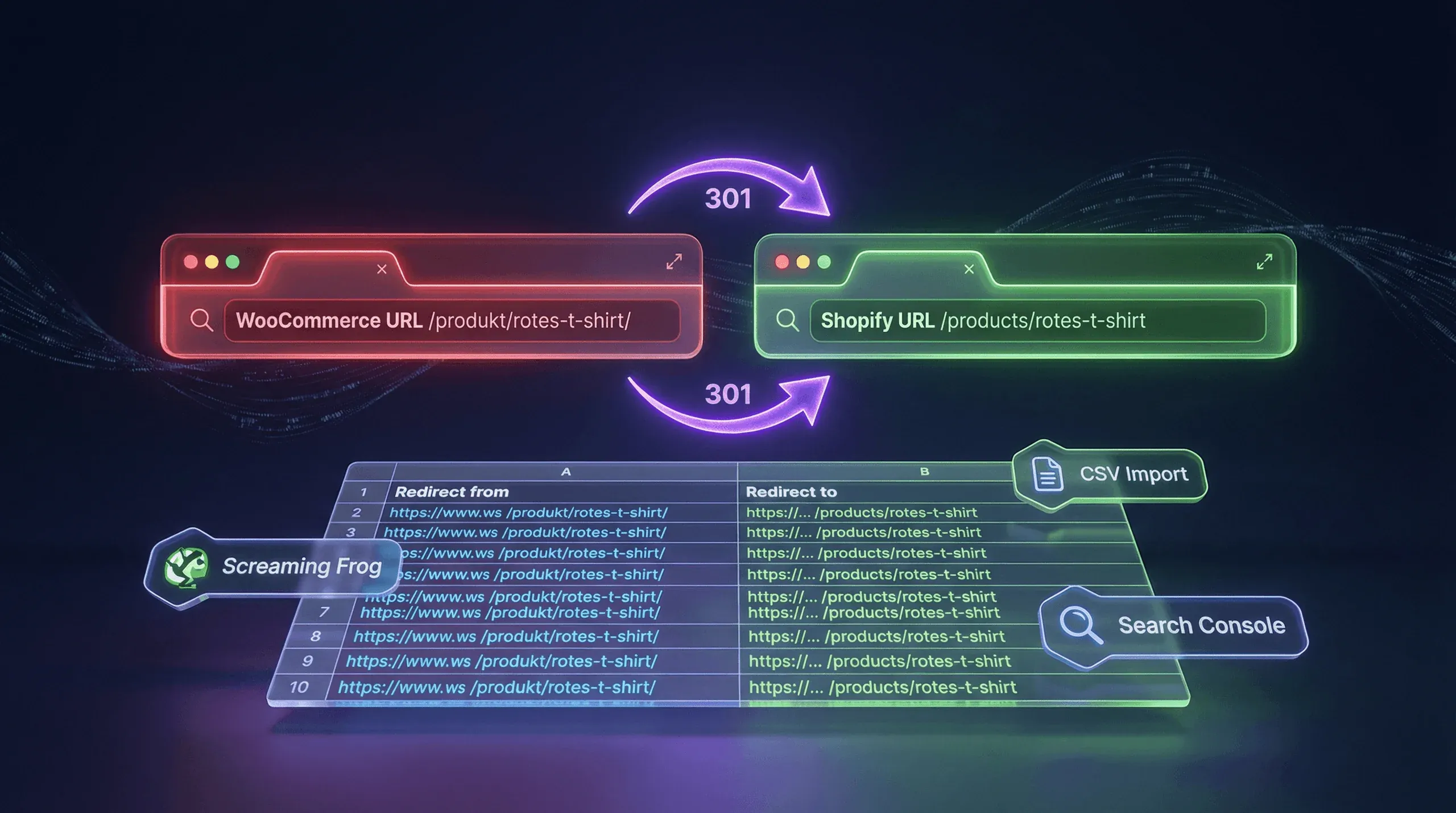 301-Redirects WooCommerce zu Shopify – URL-Mapping mit Pfeilen zwischen alten und neuen URL-Strukturen, technische SEO-Illustration
