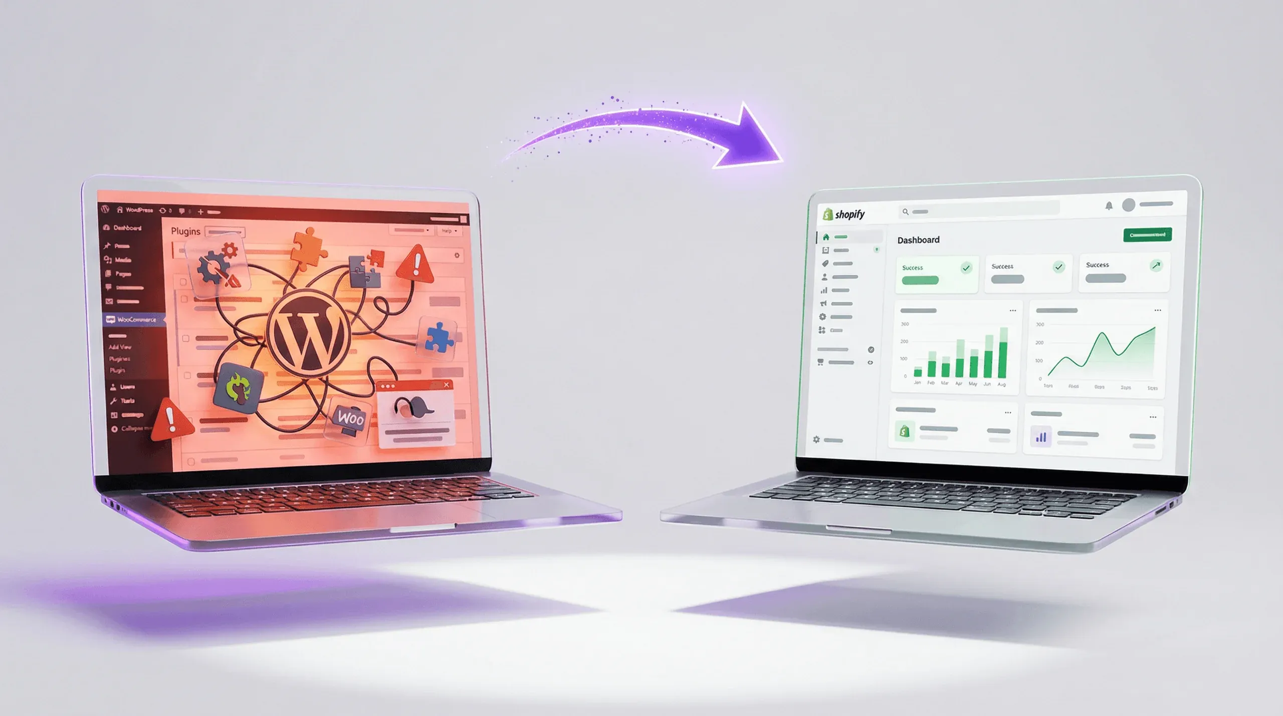 WooCommerce zu Shopify Migration – 3D-Illustration: Shopify-Shop-Symbol mit Migrationspfeil, SEO-Sicherheitsschilder und Checkliste