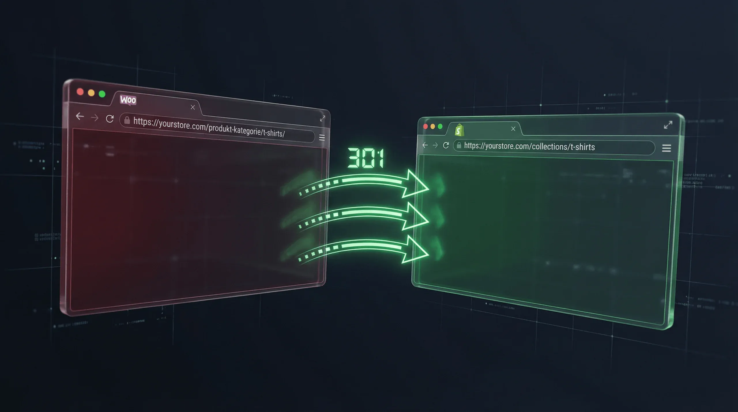 URL-Struktur Unterschiede zwischen WooCommerce und Shopify: Visueller Vergleich der URL-Muster mit 301-Redirect-Pfeilen