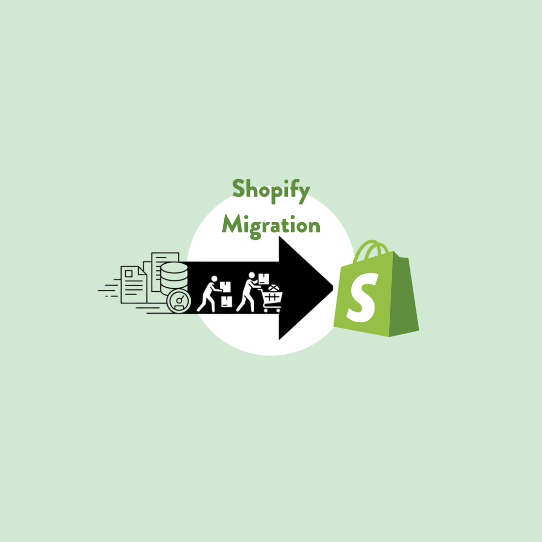 Grafik einer Shopify Migration: Ein Pfeil, der den Umzug von Daten symbolisiert, zeigt auf eine Shopify-Einkaufstasche.