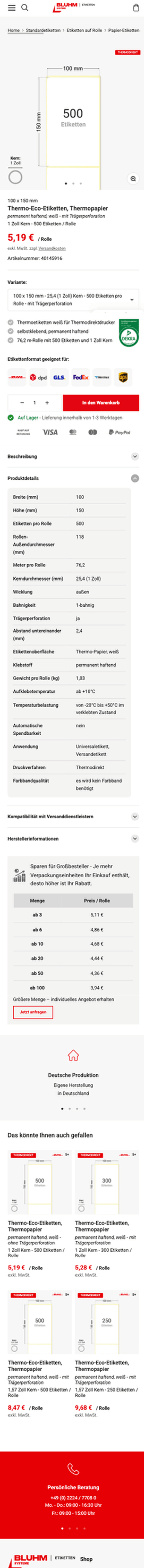 Bluhm Etiketten Produktdetailseite