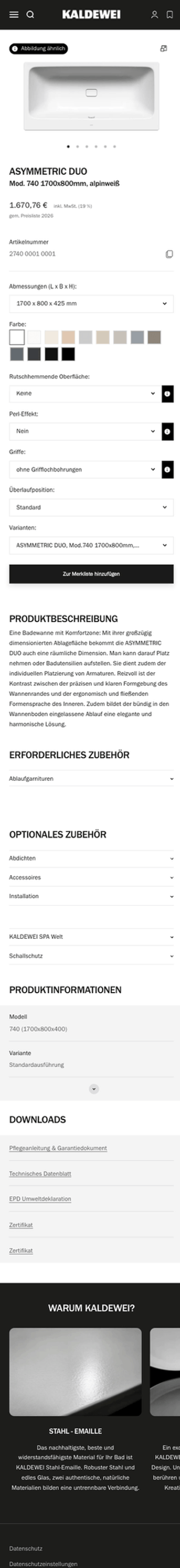 Kaldewei Produktdetailseite