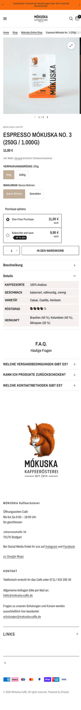 Mókuska Kaffeerösterei Produktdetailseite