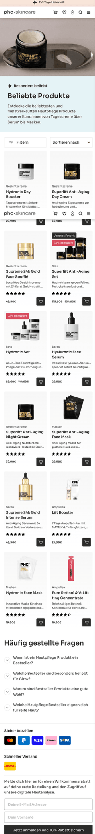 phc skincare Kategorieseite